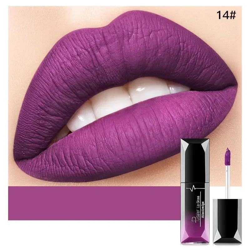 Pudaier Waterproof Lip Gloss Matte Liquid Lipstick Matte Lip Stick Cosmetics Makeup Nude Purple Black Rose Cosmetics