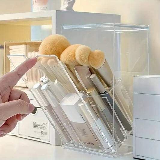 Large Capacity Clear Makeup Brush Storage Box with Front Flap Lid Acrylic Cosmetic Organizer for Brushes and Beauty Tools