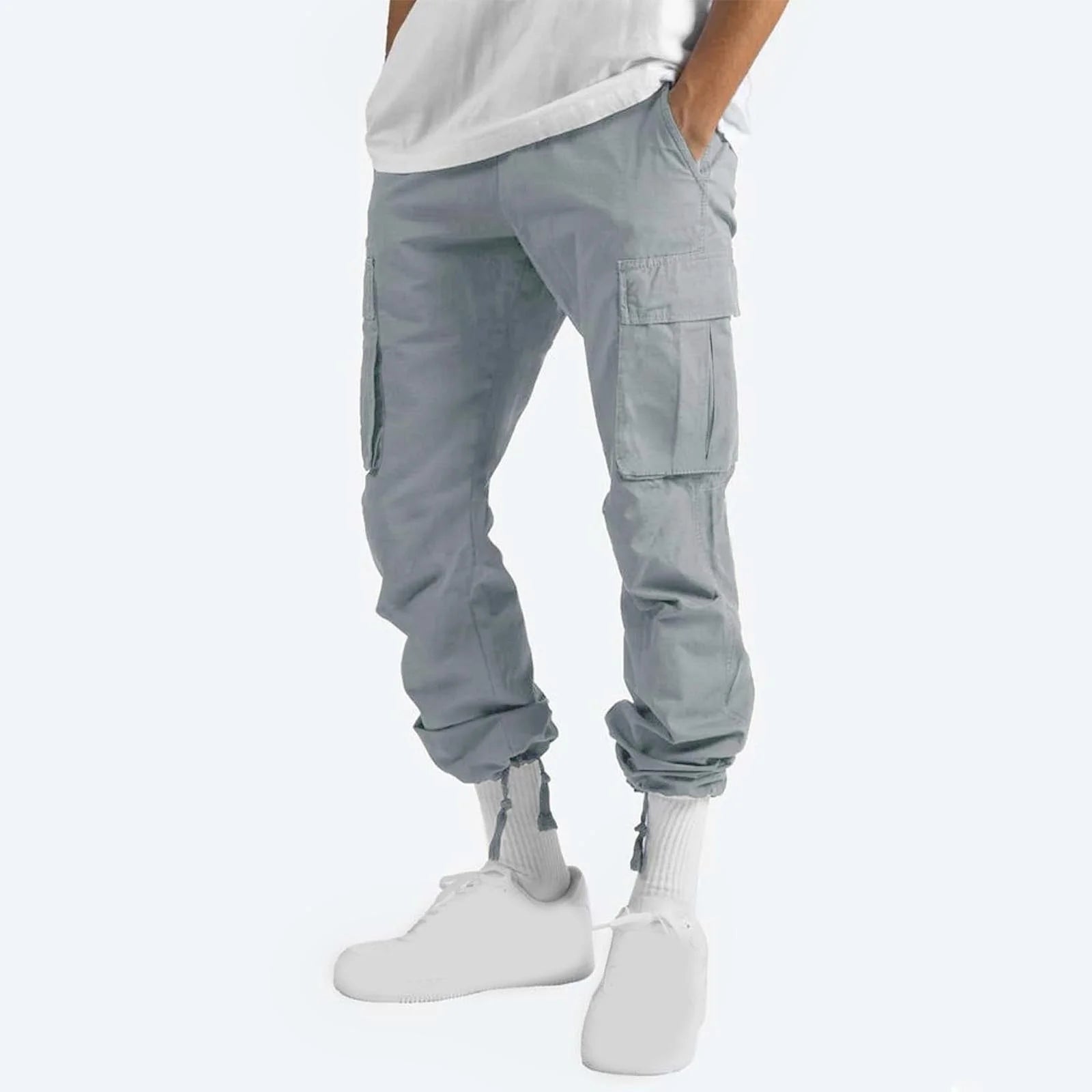 Trousers Full Length Pants for Men Solid 2025 Casual Multiple Pockets Outdoor Straight Type Fitness Pants Cargo Pants Trousers Gray