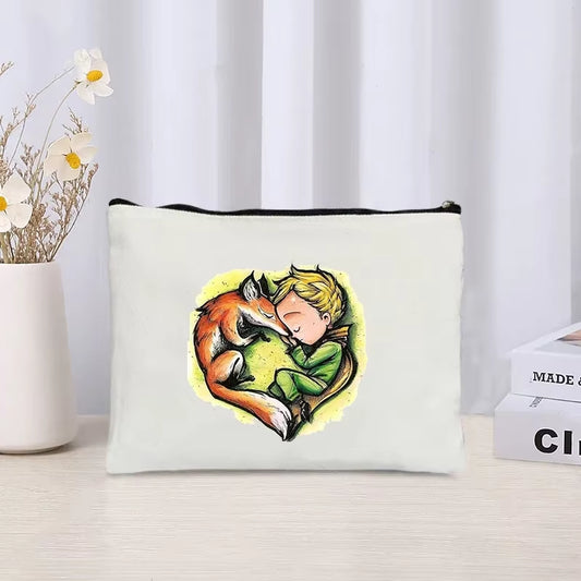 Cartoon Little Prince and Fox Makeup Bag Eco Canvas Women Travel Cosmetic Organizer Toilet Pouch Side Bag for Ladies Cute Purse