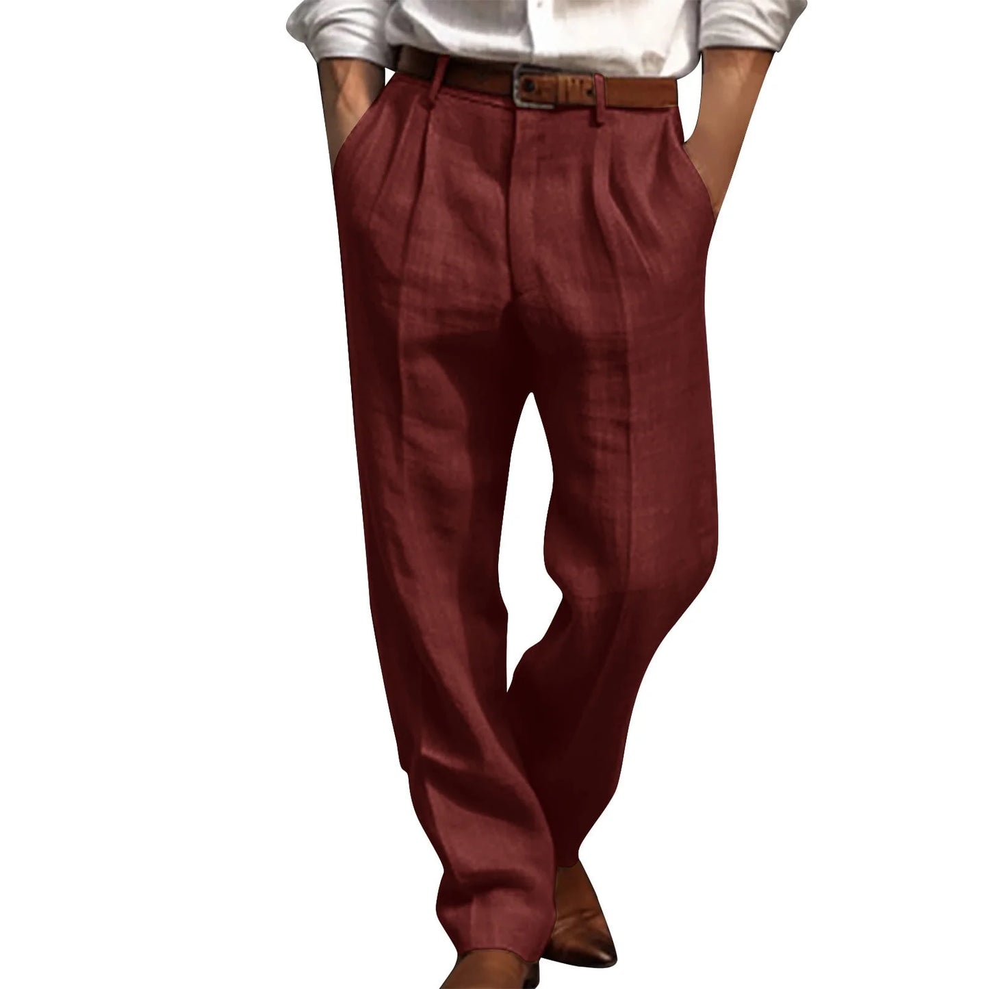 Cotton Linen Pants for Men Pleated Front Trouser Straight Leg Suit Trousers Solid Color Office Trouser Lightweight Linen Pant