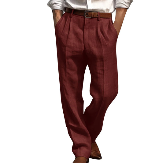Cotton Linen Pants for Men Pleated Front Trouser Straight Leg Suit Trousers Solid Color Office Trouser Lightweight Linen Pant
