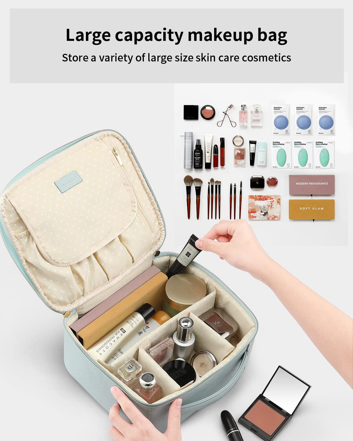 Makeup Bag, Travel Makeup Bags,Large Portable Make up Bag Organzier with Dividers and Handle Gifts for Women Girls,Traveler,Christmas,Wedding Blue