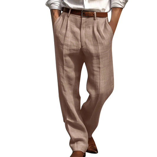 Cotton Linen Pants for Men Pleated Front Trouser Straight Leg Suit Trousers Solid Color Office Trouser Lightweight Linen Pant
