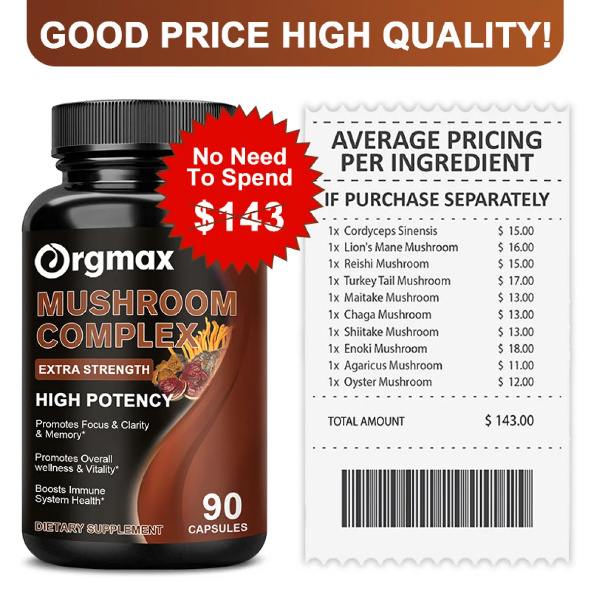 10 Blend Mushroom Complex Capsules 2760Mg for Energy & Immune Support, Dietary Supplements Promote Mental Clarity & Focus, 90 Capsules