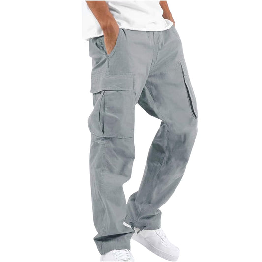 Trousers Full Length Pants for Men Solid 2025 Casual Multiple Pockets Outdoor Straight Type Fitness Pants Cargo Pants Trousers Gray