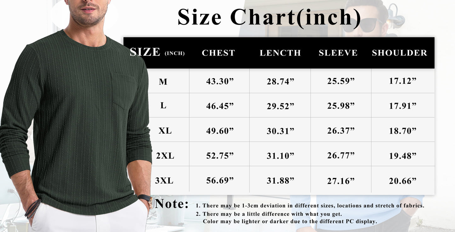 Mens Long Sleeve Shirts Crewneck Casual Tops Pullover Work Shirts Stretch Textured Knit T-Shirts with Pocket