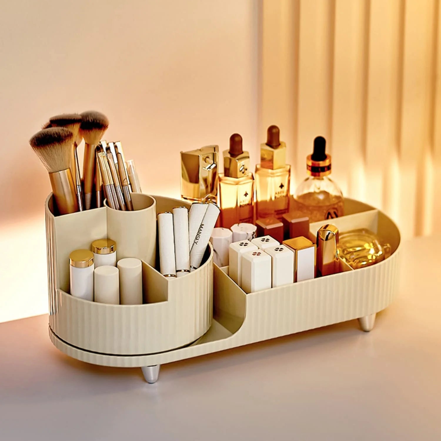 Makeup Organizer, Dresser Rotating Cosmetic Organizer with Brush, Holder for Perfume Jewelry Lipstick Makeup Skin Care Organizer, Ivory