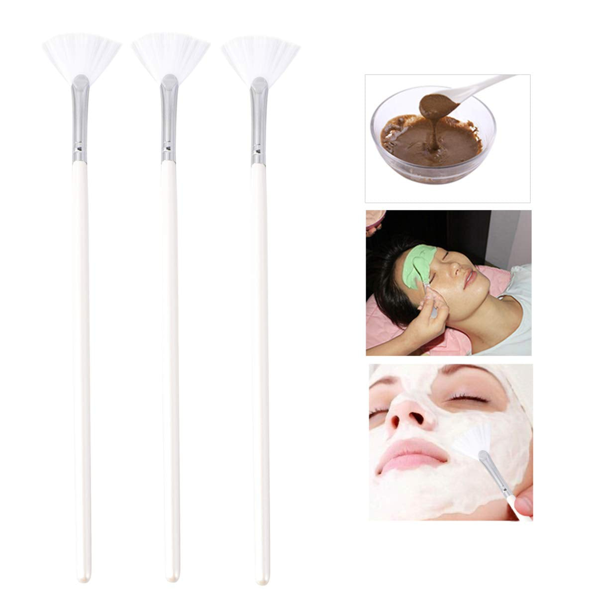 Fan 3Pcs Facial Soft Facial Mask Applicator Mask Long Handle Fan Shape Mask Diy Soft Makeup Cosmetic Tools for Peel Mask Makeup Facial Brush