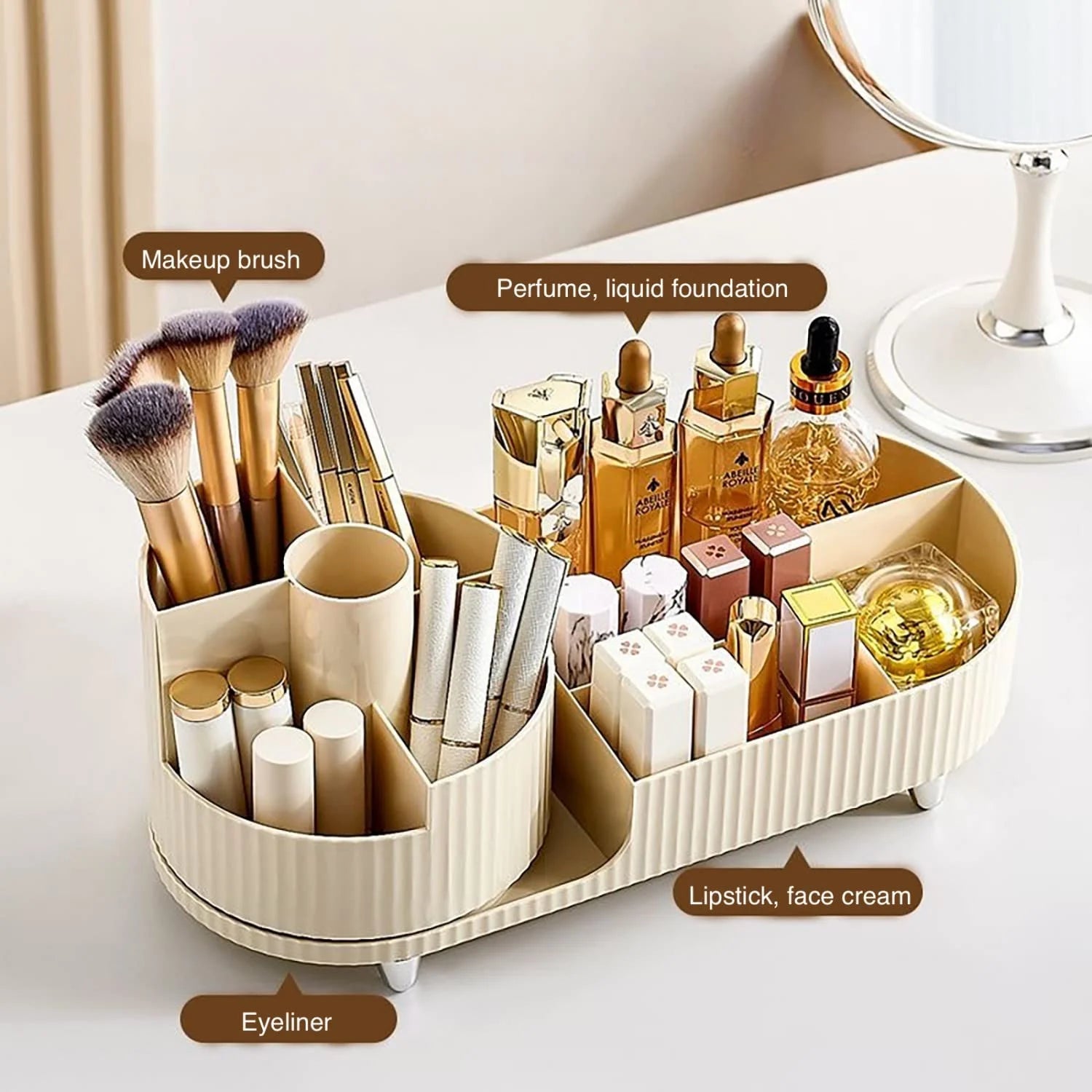 Makeup Organizer, Dresser Rotating Cosmetic Organizer with Brush, Holder for Perfume Jewelry Lipstick Makeup Skin Care Organizer, Ivory