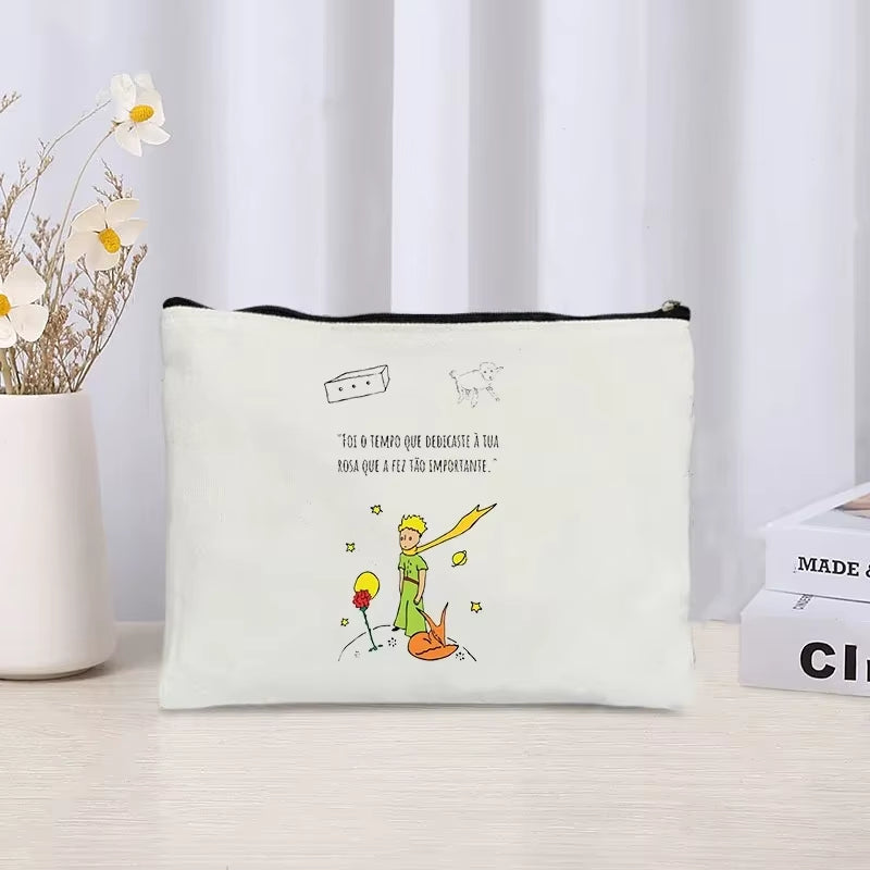 Cartoon Little Prince and Fox Makeup Bag Eco Canvas Women Travel Cosmetic Organizer Toilet Pouch Side Bag for Ladies Cute Purse