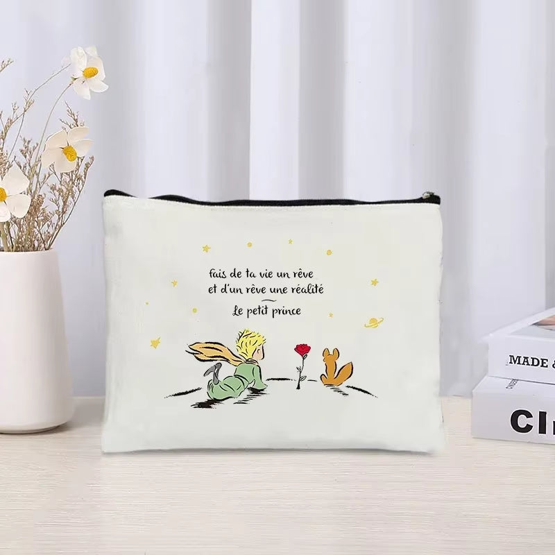 Cartoon Little Prince and Fox Makeup Bag Eco Canvas Women Travel Cosmetic Organizer Toilet Pouch Side Bag for Ladies Cute Purse