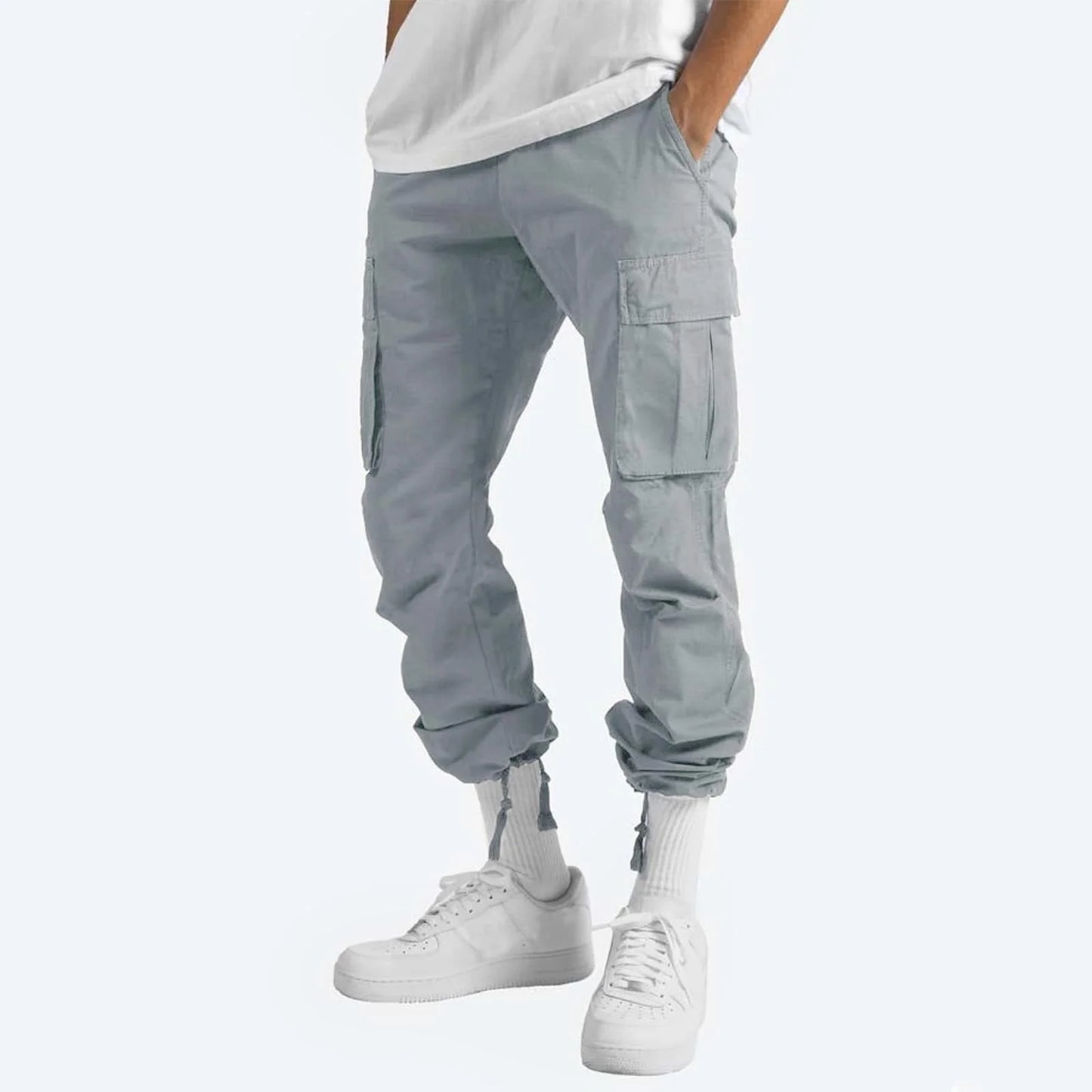 Trousers Full Length Pants for Men Solid 2025 Casual Multiple Pockets Outdoor Straight Type Fitness Pants Cargo Pants Trousers Gray