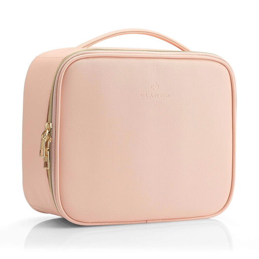 Travel Makeup Bag, Large Capacity Cosmetic Bag for Women PU Leather Makeup Case Organizer Portable Make up Bag with Dividers and Handle for Girls,Wedding,Makeup Brushes Pink