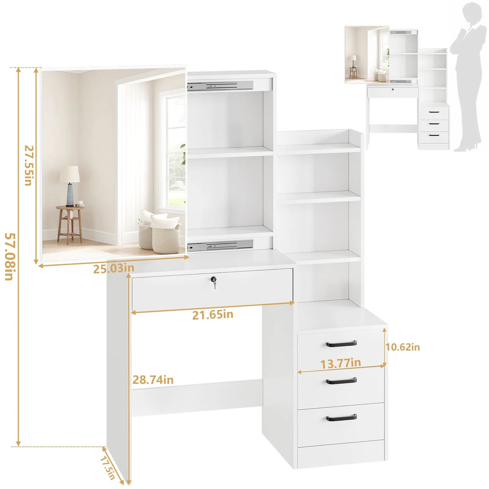 Vanity Table Stylish Aesthetic Durable with Sliding Mirror White