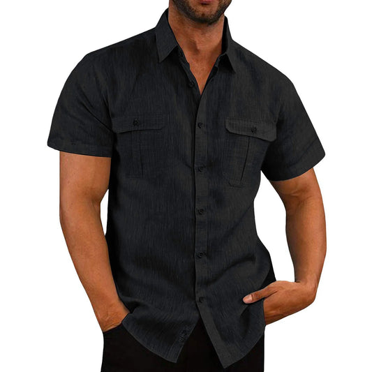 Tops for Men Men'S Trendy Vacation Plain Color Cotton Linen Double Pocket Casual Shirts Short Sleeves Mens T-Shirts Shirts for Men Fashion Dress Shirts for Men Black,Xl