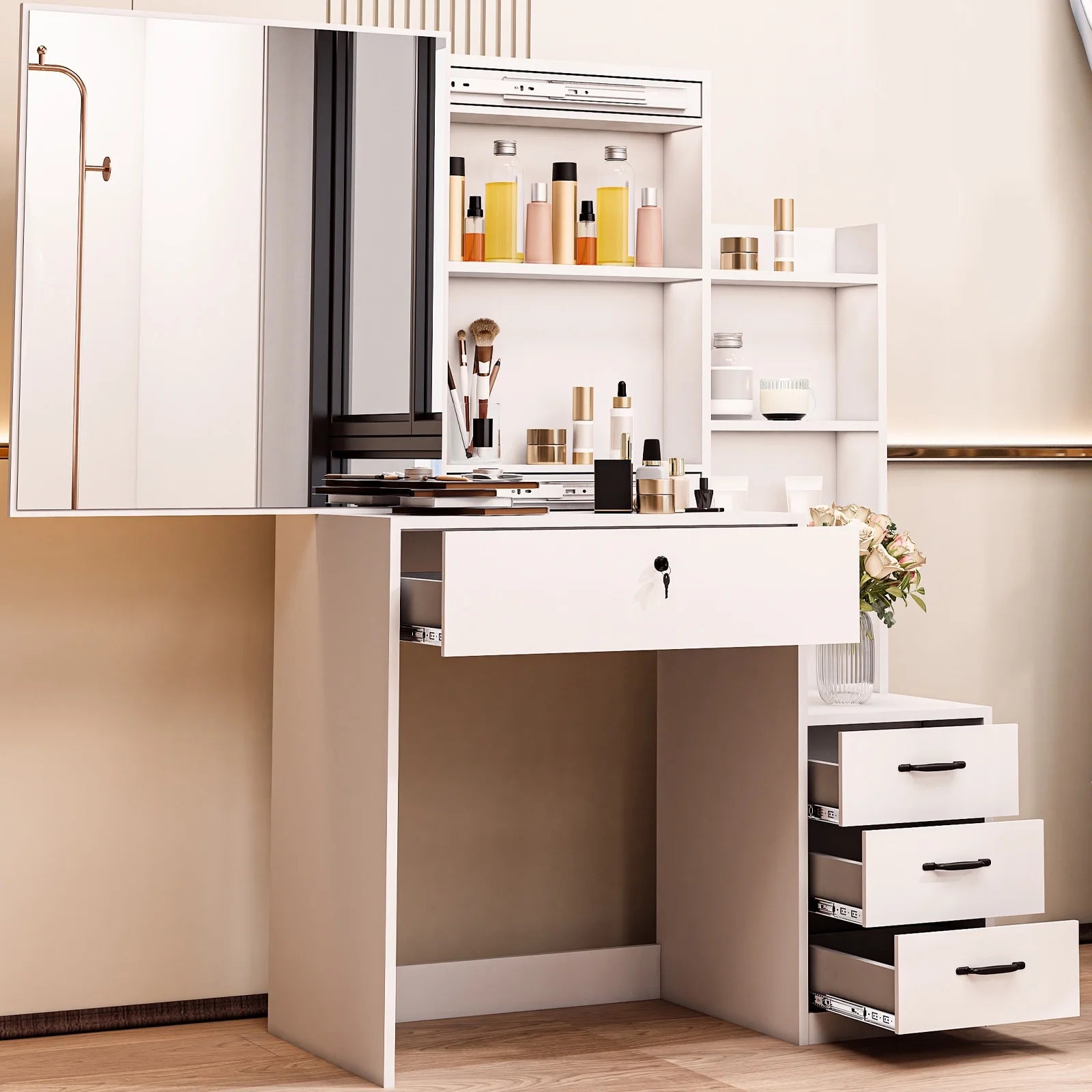 Vanity Table Stylish Aesthetic Durable with Sliding Mirror White