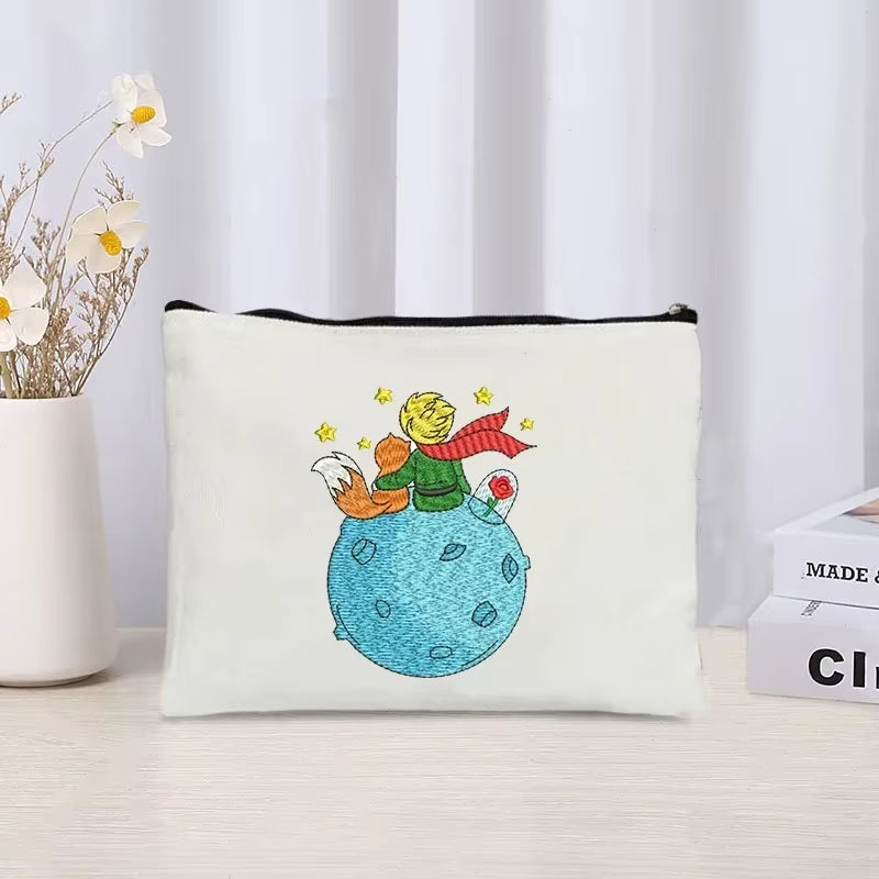 Cartoon Little Prince and Fox Makeup Bag Eco Canvas Women Travel Cosmetic Organizer Toilet Pouch Side Bag for Ladies Cute Purse