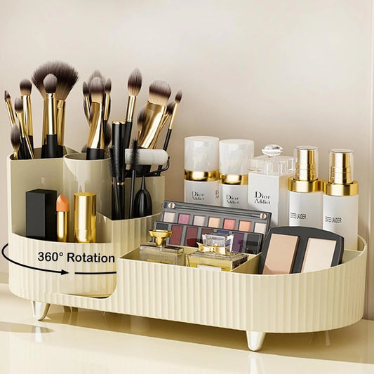 Makeup Organizer, Dresser Rotating Cosmetic Organizer with Brush, Holder for Perfume Jewelry Lipstick Makeup Skin Care Organizer, Ivory