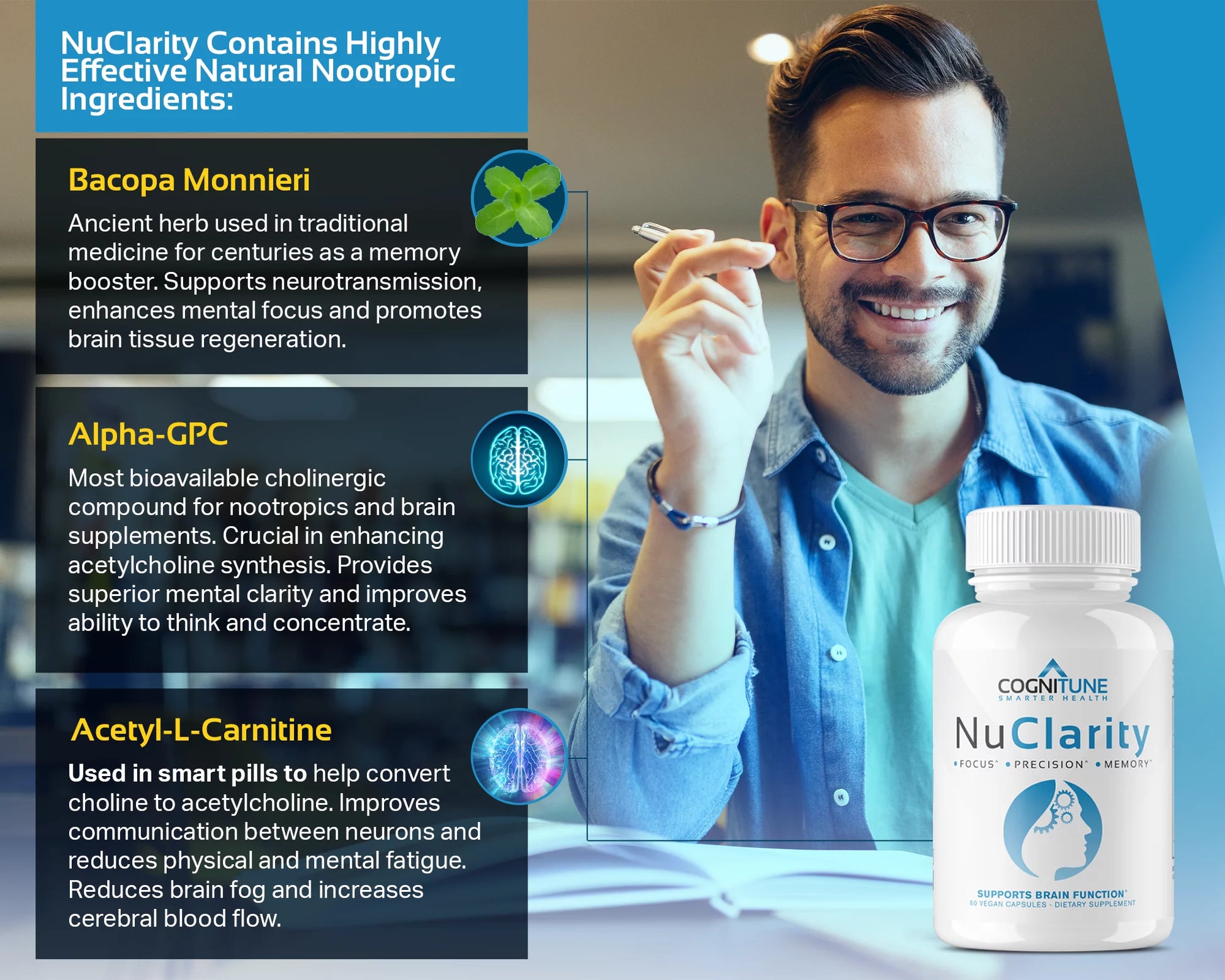 Nuclarity Nootropic Brain Supplement for Memory, Focus & Mental Clarity with Ginkgo Biloba, 60 Capsules