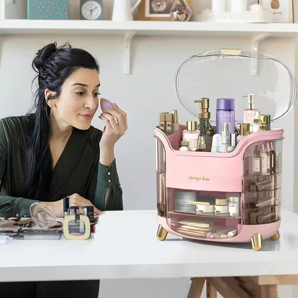 Makeup and Cosmetics Organizer with Drawers Waterproof Dustproof Cover Perfect for Your Countertop or Bedroom in Pink