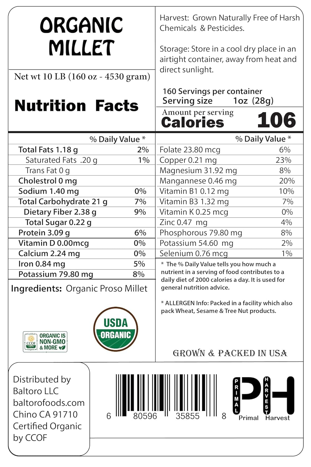 USA Grown Organic Millet, Whole Grain Seeds Non GMO Hulled Gluten Free Bulk Raw