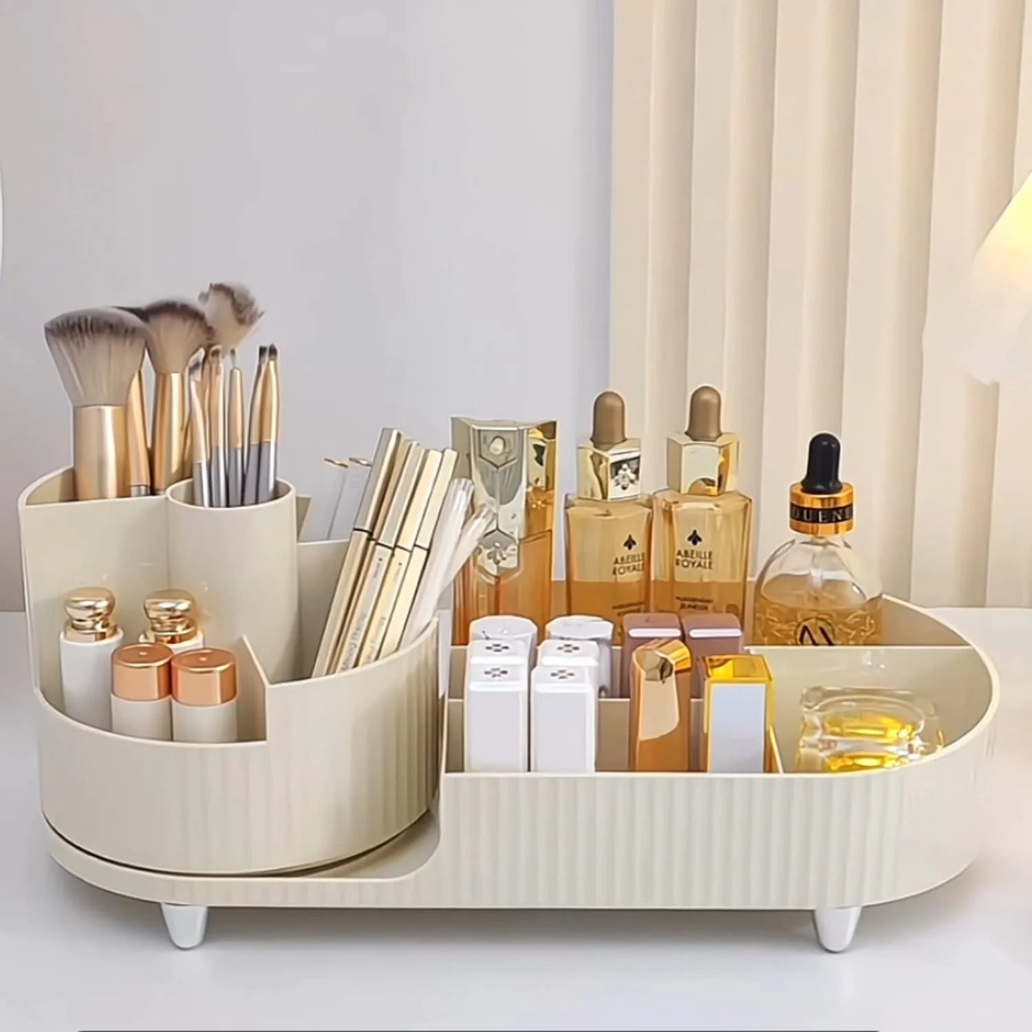 Makeup Organizer, Dresser Rotating Cosmetic Organizer with Brush, Holder for Perfume Jewelry Lipstick Makeup Skin Care Organizer, Ivory