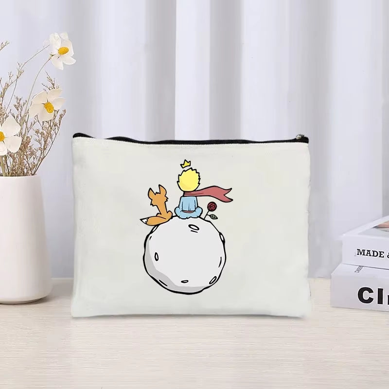 Cartoon Little Prince and Fox Makeup Bag Eco Canvas Women Travel Cosmetic Organizer Toilet Pouch Side Bag for Ladies Cute Purse