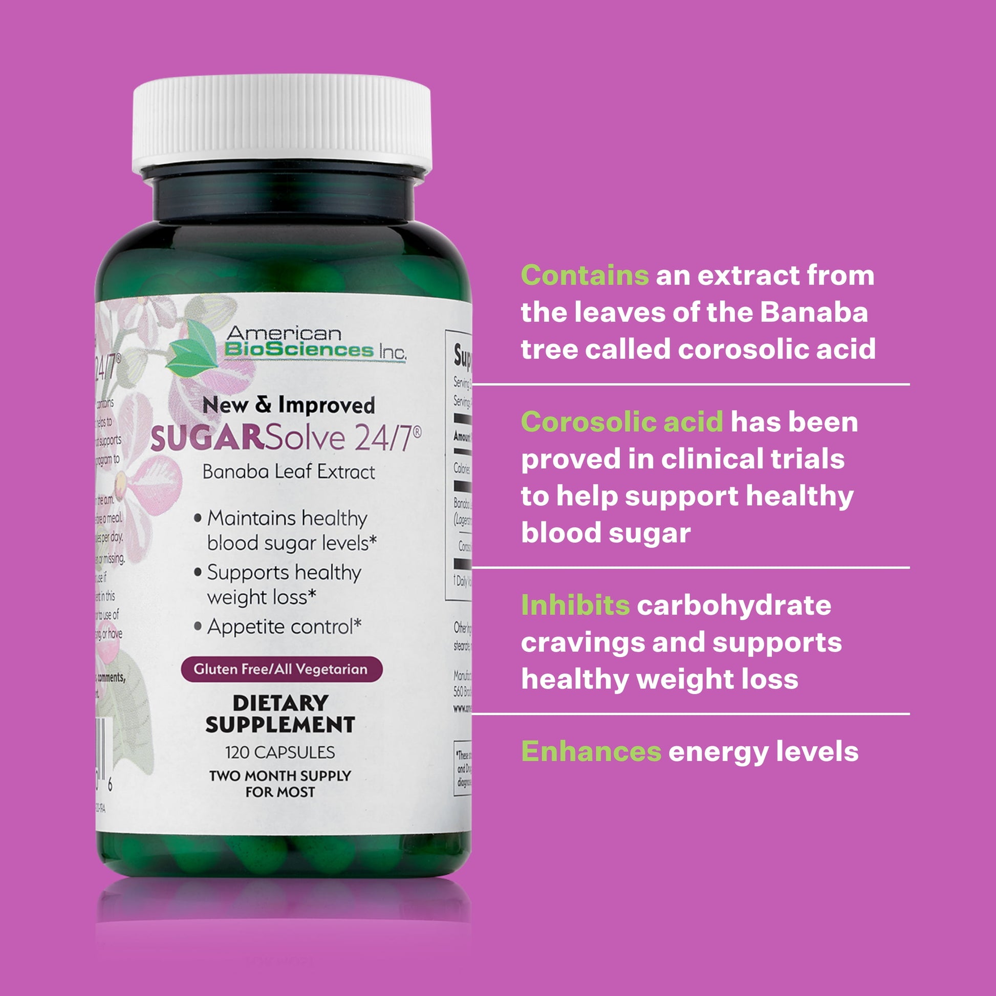 Sugar Solve 24/7 Dietary Supplements, 120 Count with Banaba Leaf Extract