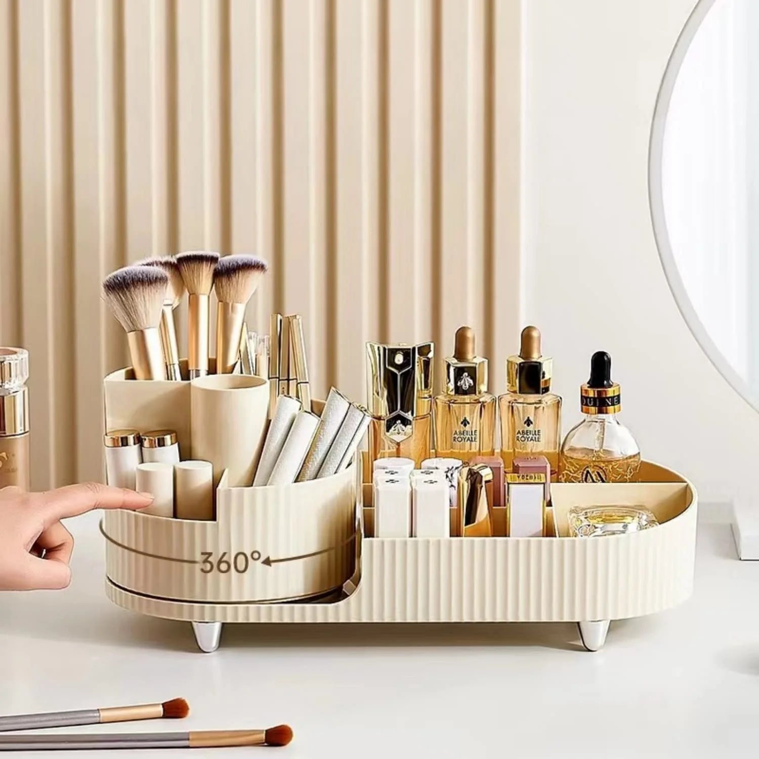Makeup Organizer, Dresser Rotating Cosmetic Organizer with Brush, Holder for Perfume Jewelry Lipstick Makeup Skin Care Organizer, Ivory