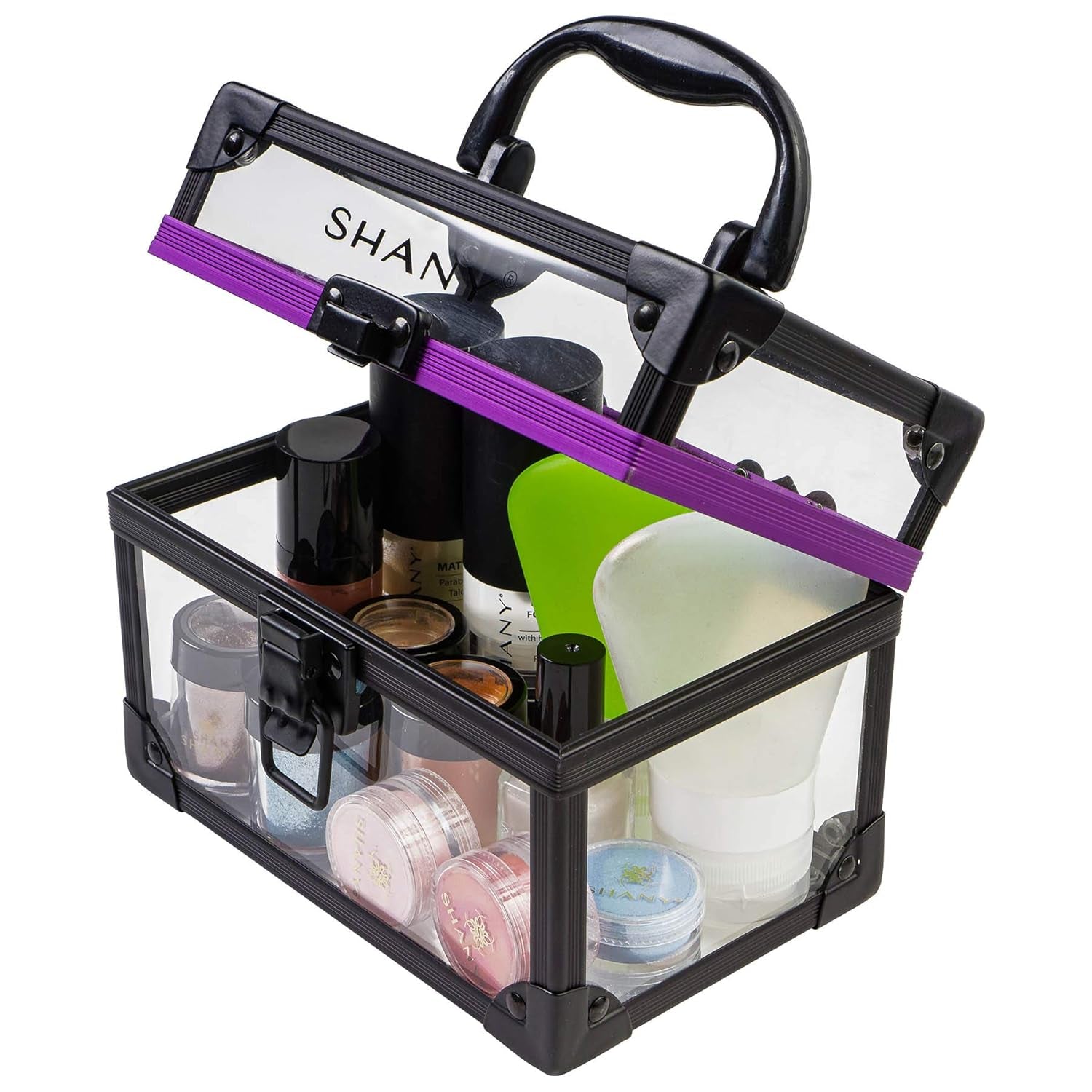Clear Cosmetics and Toiletry Train Case - Clear Travel Makeup Bag Case Organizer with Secure Closure and Black/Purple Accents - Medium
