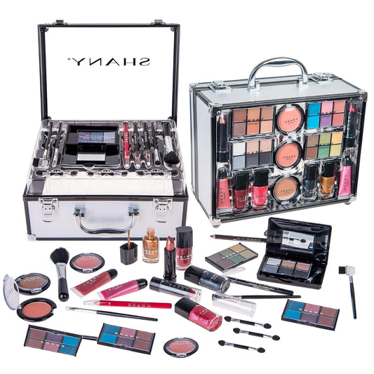Carry All Trunk Makeup Train Case with Re-Usable Aluminum Beauty Storage Organizer Case. Make up Set with Eye Palettes, Blushes,Face Powders, Manicure, Pedicure and Cosmetics Brushes. GIFT SET