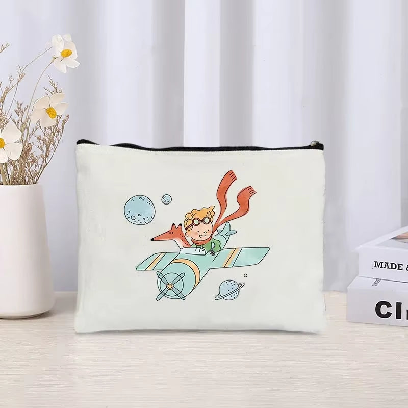 Cartoon Little Prince and Fox Makeup Bag Eco Canvas Women Travel Cosmetic Organizer Toilet Pouch Side Bag for Ladies Cute Purse