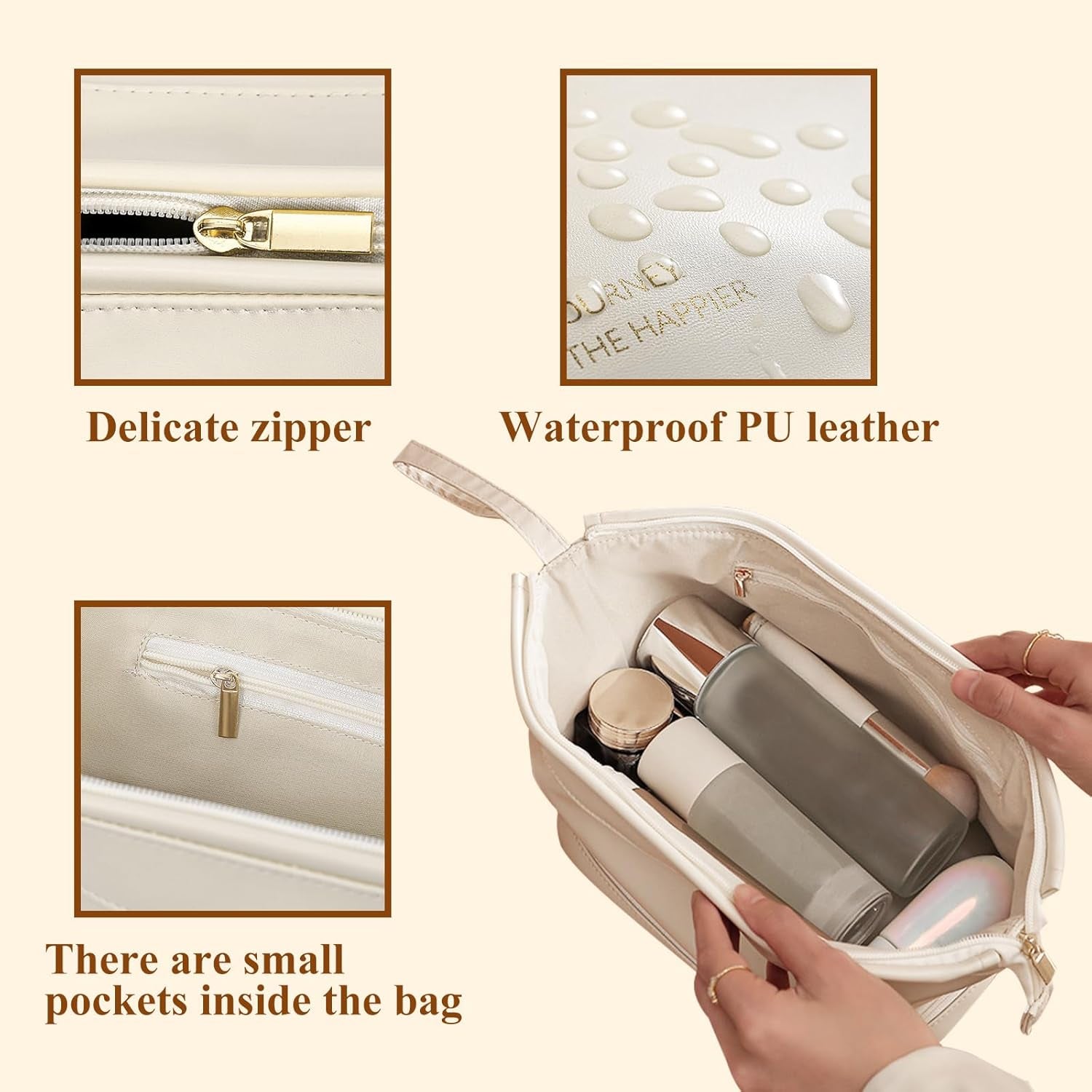 Cosmetic Bag, Waterproof Makeup Travel Bag Travel Toiletry Bag for Women with Handle, High-Capacity Travel Makeup Bag Organizer with Handle (Beige)
