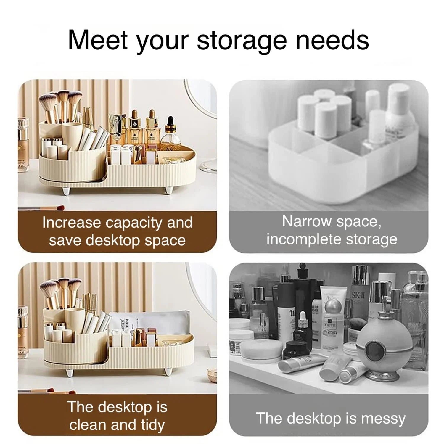 Makeup Organizer, Dresser Rotating Cosmetic Organizer with Brush, Holder for Perfume Jewelry Lipstick Makeup Skin Care Organizer, Ivory