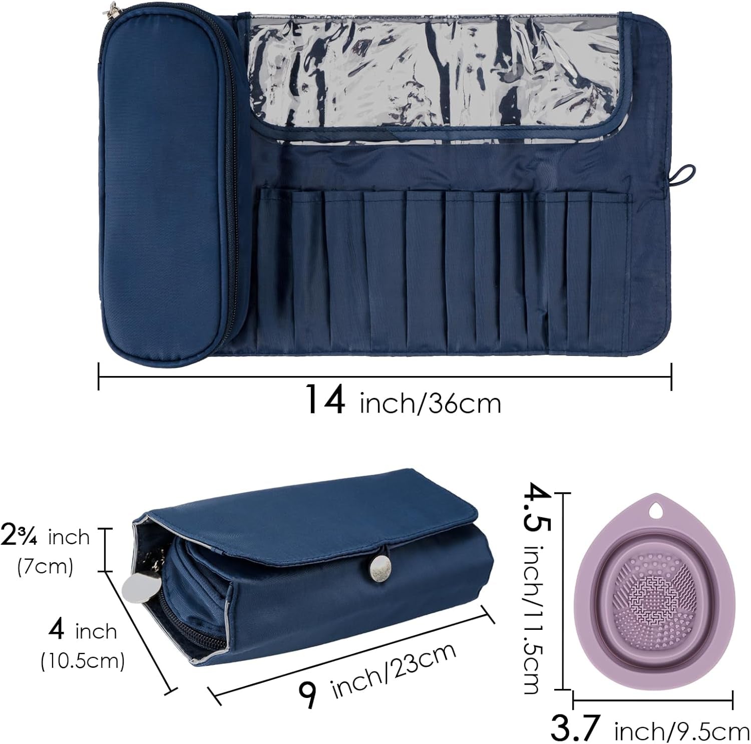 Portable Folding Makeup Brushes Bag with Silicone Foldable Brush Cleaning Mat, Multifunctional Cosmetics Rolling Pouch Makeup Brush Holder, Makeup Brush Organizer for Travel (Blue)