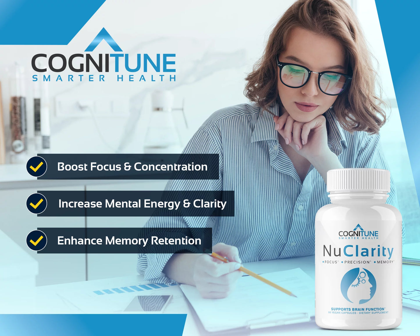 Nuclarity Nootropic Brain Supplement for Memory, Focus & Mental Clarity with Ginkgo Biloba, 60 Capsules