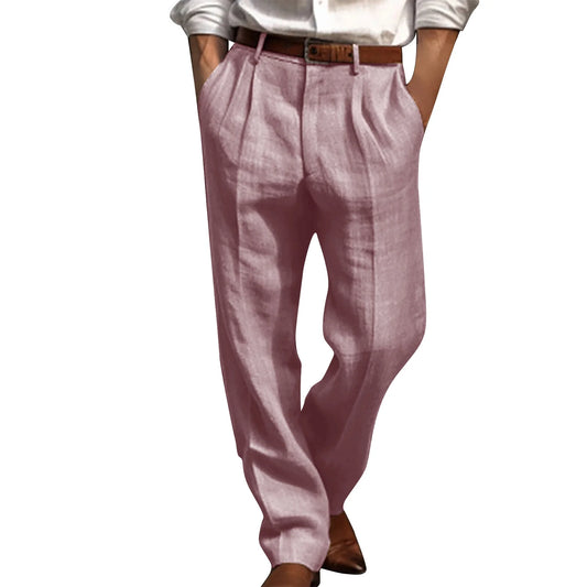 Cotton Linen Pants for Men Pleated Front Trouser Straight Leg Suit Trousers Solid Color Office Trouser Lightweight Linen Pant