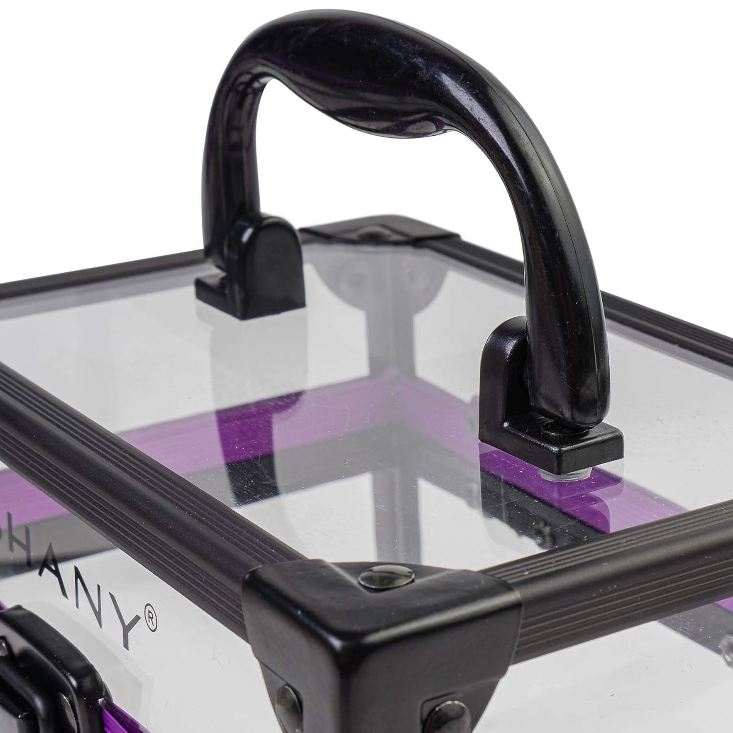 Clear Cosmetics and Toiletry Train Case - Clear Travel Makeup Bag Case Organizer with Secure Closure and Black/Purple Accents - Medium