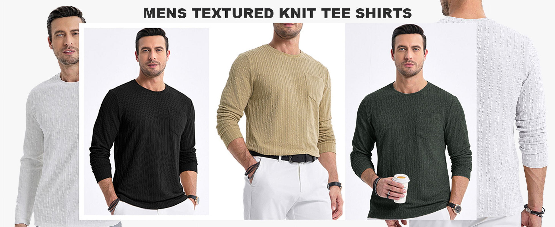 Mens Long Sleeve Shirts Crewneck Casual Tops Pullover Work Shirts Stretch Textured Knit T-Shirts with Pocket