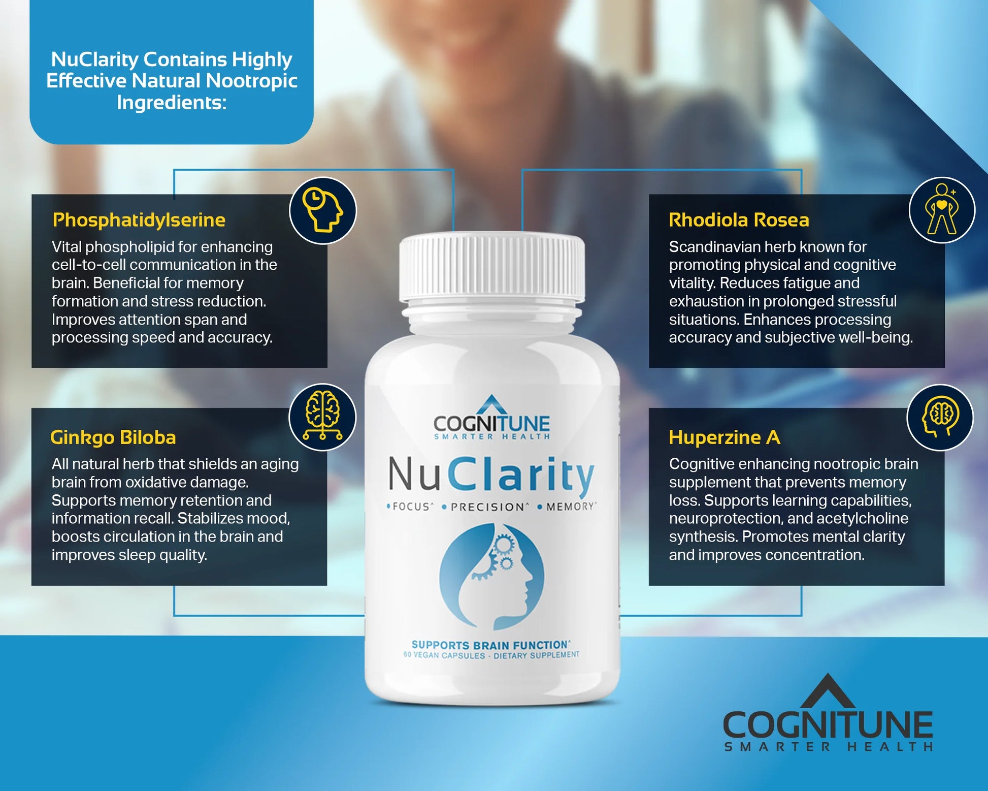 Nuclarity Nootropic Brain Supplement for Memory, Focus & Mental Clarity with Ginkgo Biloba, 60 Capsules