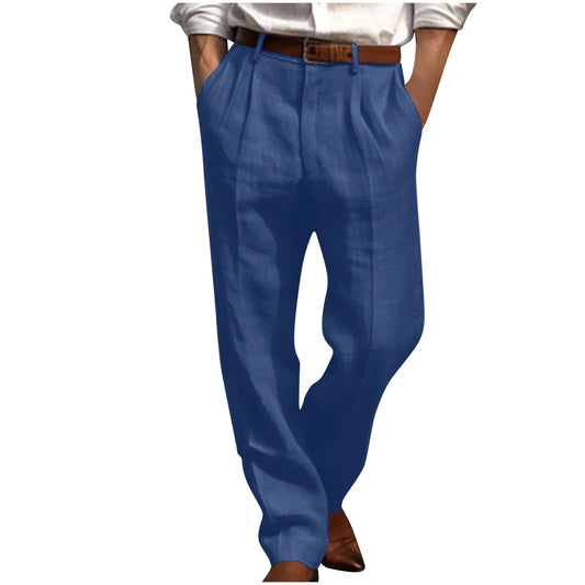 Cotton Linen Pants for Men Pleated Front Trouser Straight Leg Suit Trousers Solid Color Office Trouser Lightweight Linen Pant