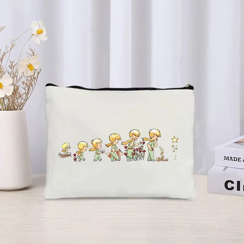 Cartoon Little Prince and Fox Makeup Bag Eco Canvas Women Travel Cosmetic Organizer Toilet Pouch Side Bag for Ladies Cute Purse
