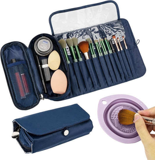Portable Folding Makeup Brushes Bag with Silicone Foldable Brush Cleaning Mat, Multifunctional Cosmetics Rolling Pouch Makeup Brush Holder, Makeup Brush Organizer for Travel (Blue)