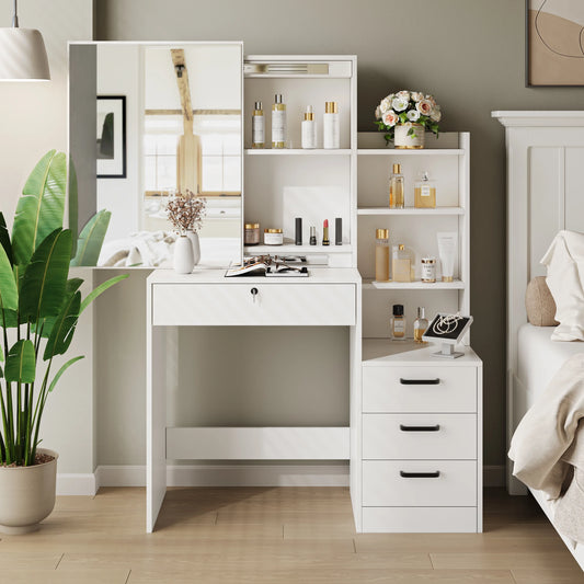 Vanity Table Stylish Aesthetic Durable with Sliding Mirror White