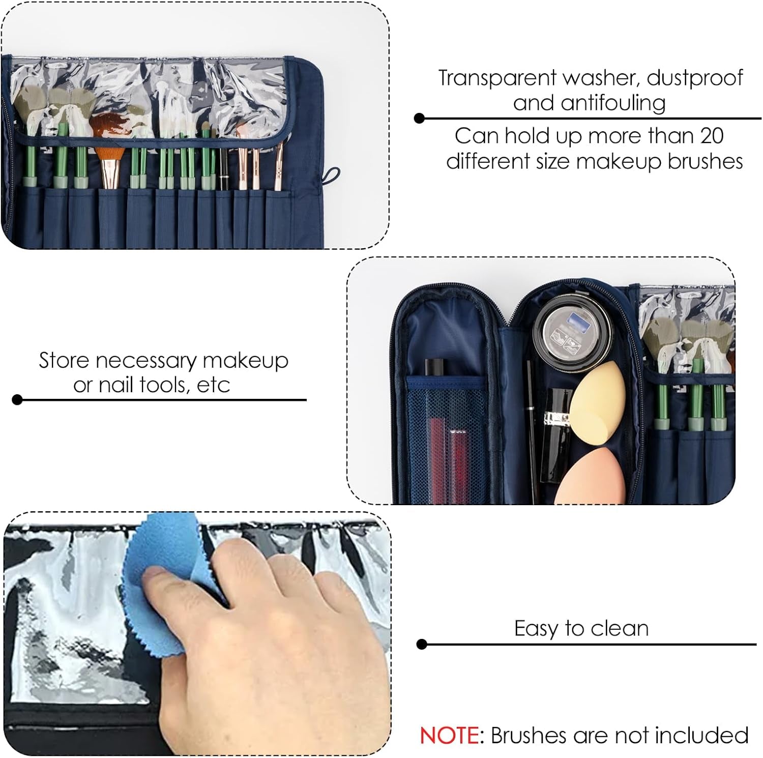Portable Folding Makeup Brushes Bag with Silicone Foldable Brush Cleaning Mat, Multifunctional Cosmetics Rolling Pouch Makeup Brush Holder, Makeup Brush Organizer for Travel (Blue)