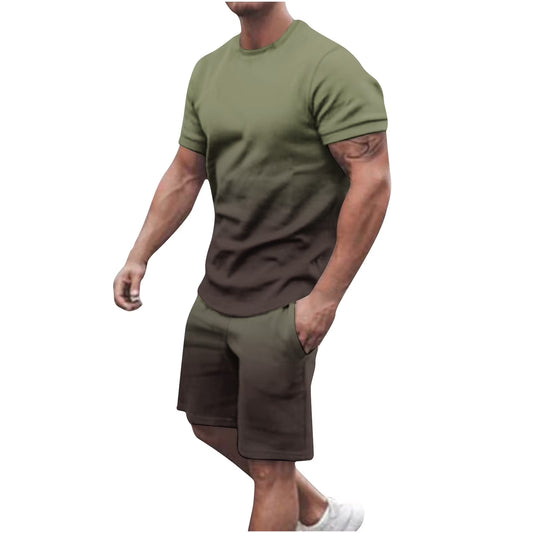 Mens Summer 2 Piece Tracksuit Gradient Color Crew Neck Pull-On Tee Tops and Double Pockets Plain Shorts Vacation Workout Shirts Sets