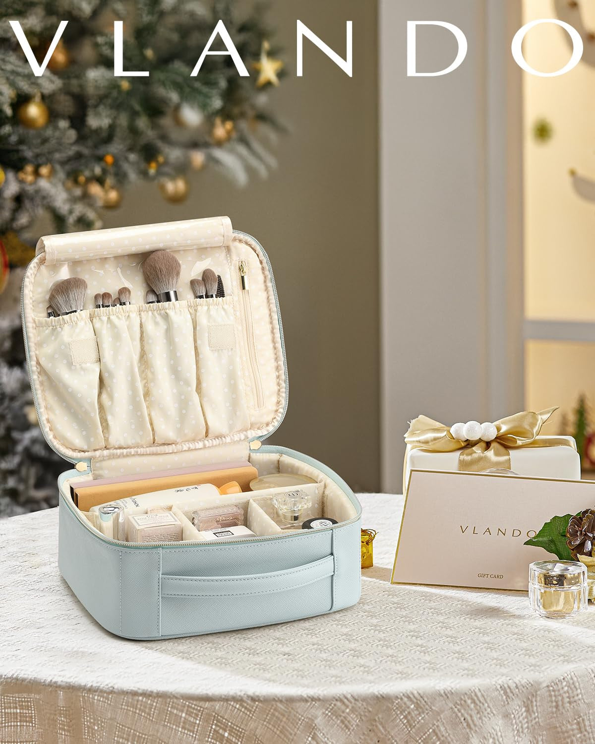 Makeup Bag, Travel Makeup Bags,Large Portable Make up Bag Organzier with Dividers and Handle Gifts for Women Girls,Traveler,Christmas,Wedding Blue