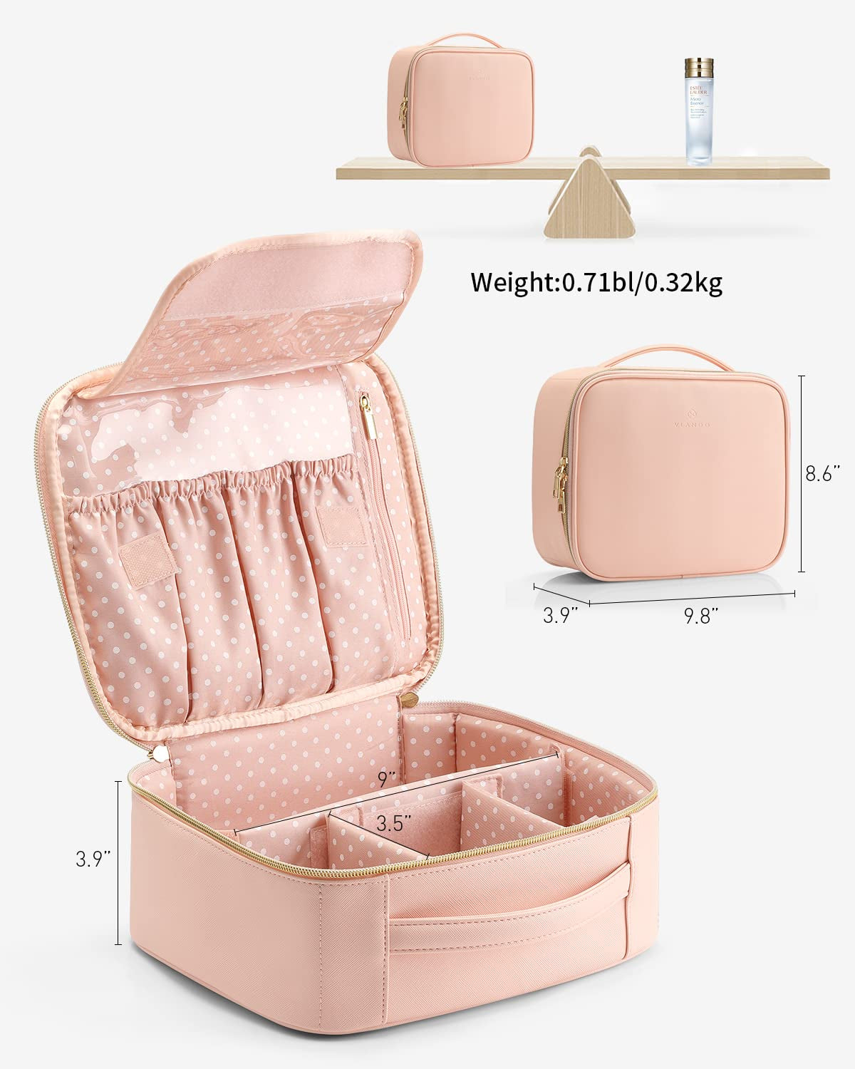 Travel Makeup Bag, Large Capacity Cosmetic Bag for Women PU Leather Makeup Case Organizer Portable Make up Bag with Dividers and Handle for Girls,Wedding,Makeup Brushes Pink
