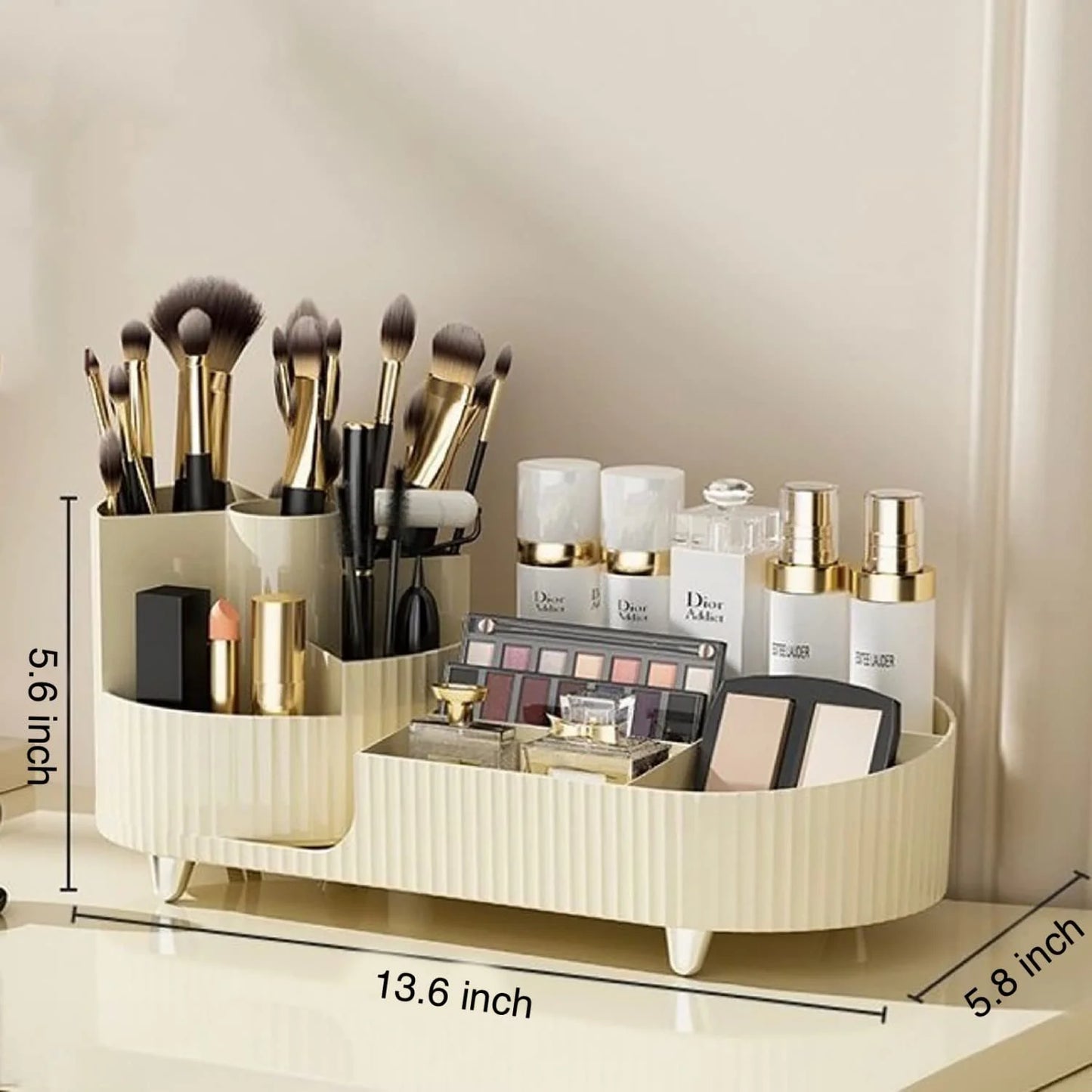 Makeup Organizer, Dresser Rotating Cosmetic Organizer with Brush, Holder for Perfume Jewelry Lipstick Makeup Skin Care Organizer, Ivory